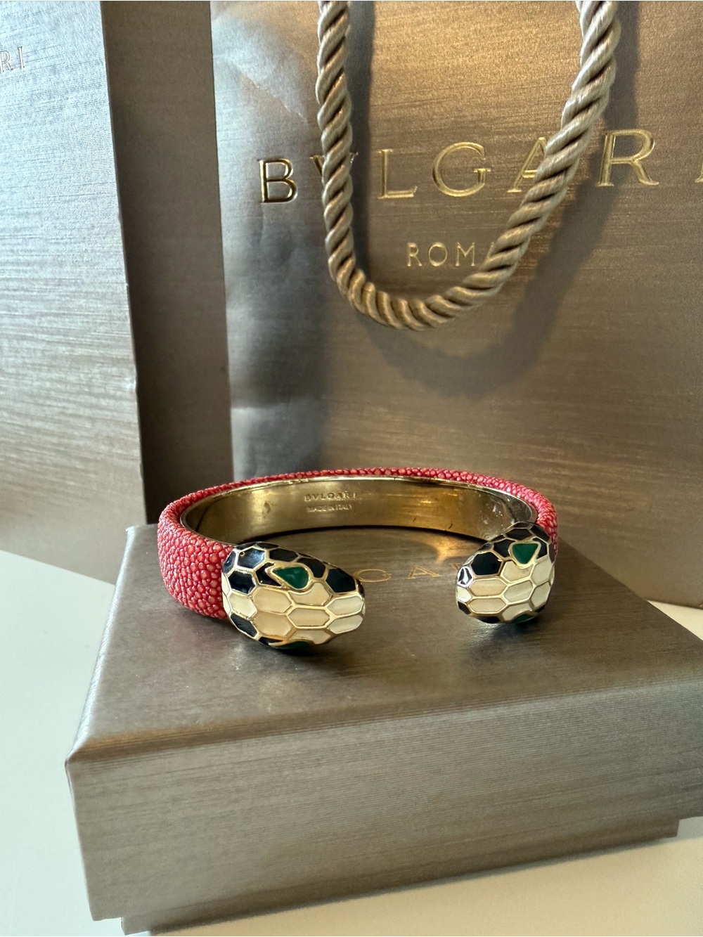 BVLGARI Serpenti Forever Cuff | Galuchat Ruby Red/Light Gold AntiAllergy | Small